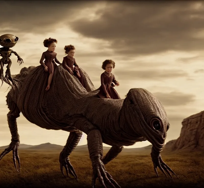 Image similar to sharp, highly detailed, film from a 2 0 1 9 sci fi 8 k movie, set in 1 8 6 0, a human family riding on the back of small cute alien creatures, across an alien landscape, wearing 1 8 6 0 s clothes, atmospheric lighting, in focus, reflective eyes, 3 5 mm macro lens, live action, nice composition