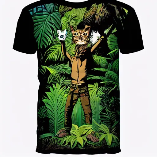 Prompt: Anthropomorphic bipedal cat wearing a t-shirt, shorts, and sunglasses, the background is lush jungle, detailed face, high contrast, dramatic lighting, graphic novel, art by Mike Mignola and Laurie Greasley,