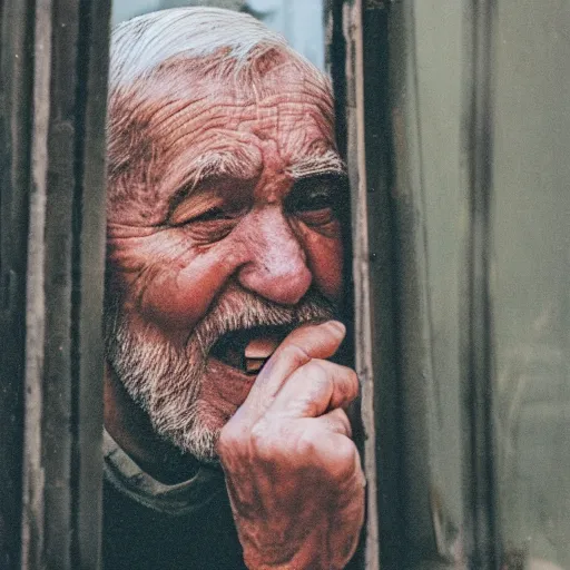 Image similar to an old man eating seen through a window