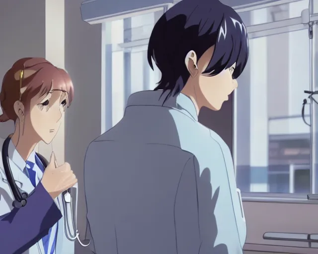 Prompt: a cute young female doctor wearing white coat are talking to a woman in a hospital, slice of life anime, lighting, anime scenery by Makoto shinkai