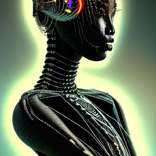 Image similar to portrait of an absurdly beautiful, graceful, sophisticated, fashionable black cyberpunk mechanoid gravure idol, hyperdetailed illustration by irakli nadar, alek wek, matt wisniewski style, intricate linework, dark skin, neon jellyfish headdress, intricate ivory carved ruff, unreal engine 5 highly rendered, global illumination, radiant light, detailed and intricate environment