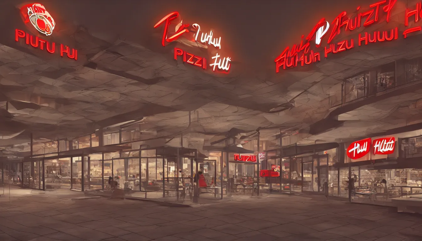 Prompt: futuristic Pizza Hut at night, photorealistic, cinematic, trending on artstation