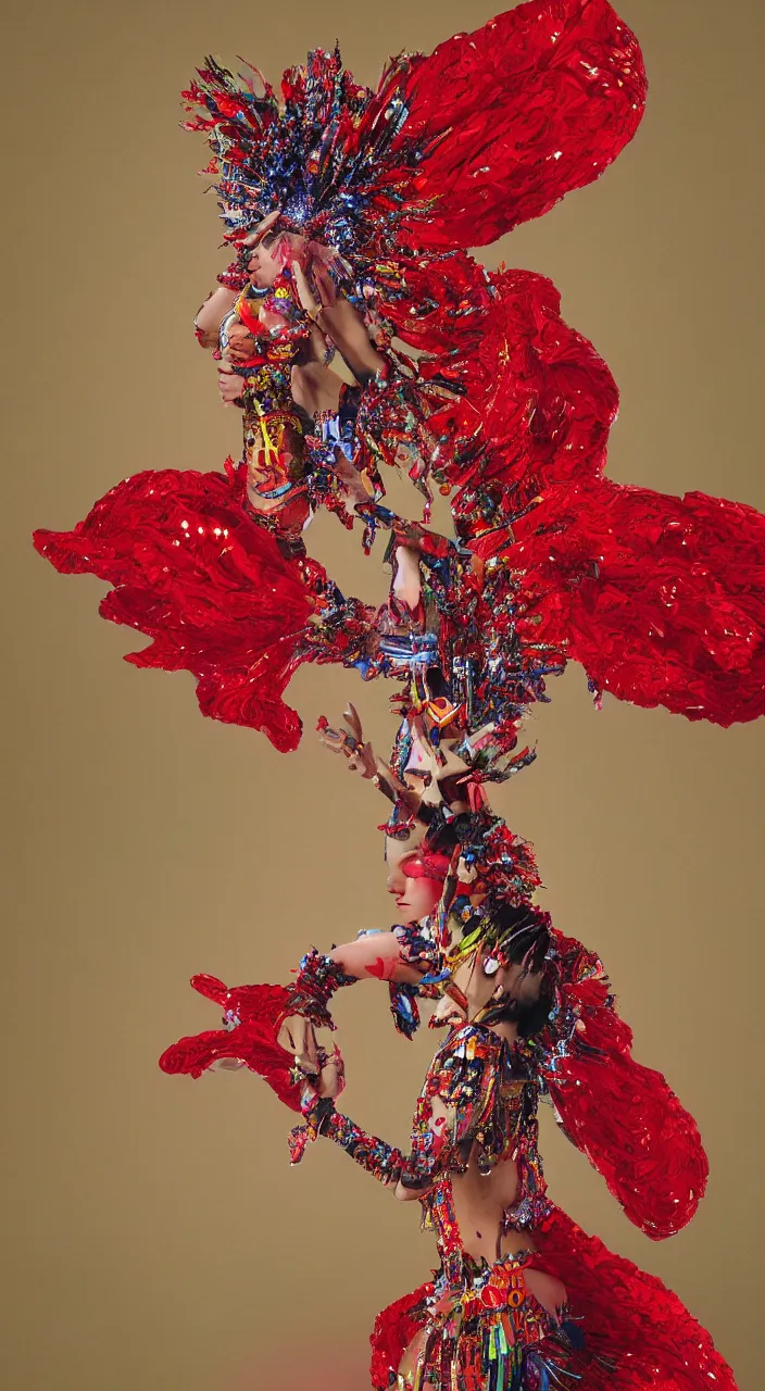 Prompt: a female full - body character design, concept art, wearing psychedelic high fashion, a red sequined bodysuit, beads hanging over her face like an alexander mcqueen headdress, costume by eiko ishioka, haute couture, and a red cape, by moebius, steven outram, colorful and psychedelic, hd, 8 k, artstation, high quality