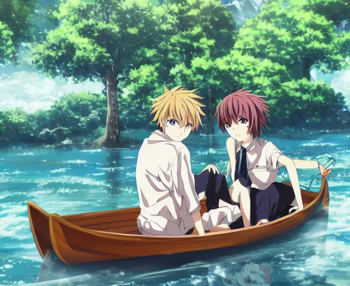 Image similar to anime key visual of a young man anime and young woman anime sitting together on one single long wooden rowboat. Romantic. Girl has auburn hair. Boy has short black hair. Boy and girl. Boy and girl. Narrow river in a forest, rocky shore, trees, shady, blue waters, ripples, waves, reflections, details, sharp focus, illustration, by Jordan Grimmer and greg rutkowski, Trending artstation, pixiv, digital art