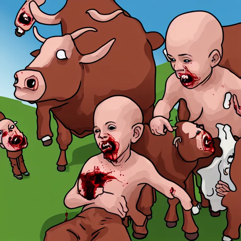 Image similar to bald kid gathering blood from the mouth of a 3 headed demon cow, realistic
