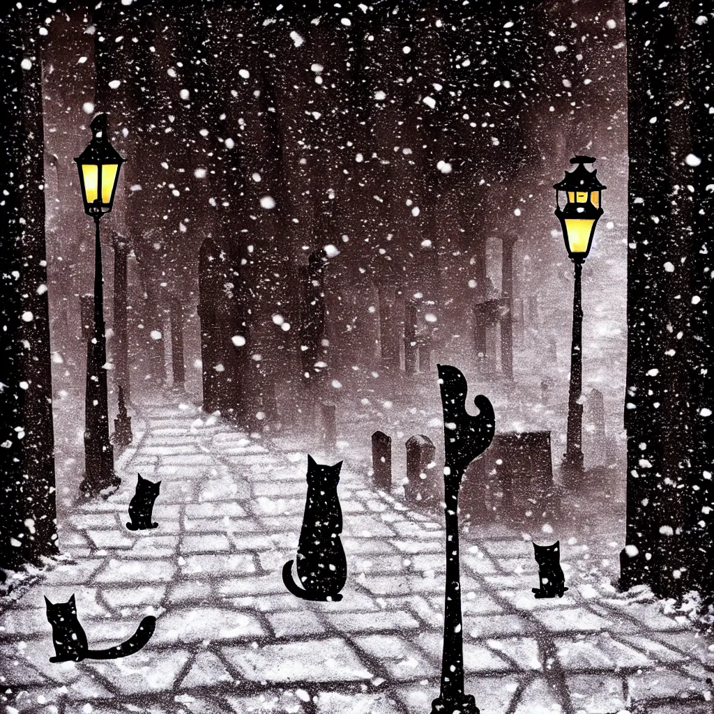 Image similar to cute gothic cat, long shadows at night near 1 medium sized street light, snowing, old brick street, warm feeling gothic, graveyard creepy, jack - o - lantern glowing, award winning art, 8 k,