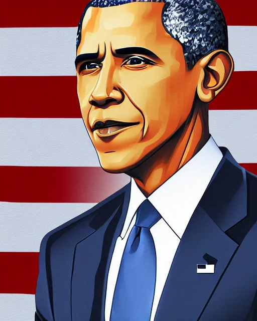 Prompt: Digital state-sponsored anime art of Barack Obama by A-1 studios, serious expression, empty warehouse background, highly detailed, spotlight