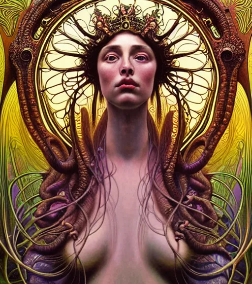 Prompt: detailed realistic beautiful young groovypunk fully clothed cher as queen of andromeda galaxy. art nouveau, symbolist, visionary, baroque, giant fractal details. horizontal symmetry by zdzisław beksinski, iris van herpen, raymond swanland and alphonse mucha. highly detailed, hyper - real, beautiful