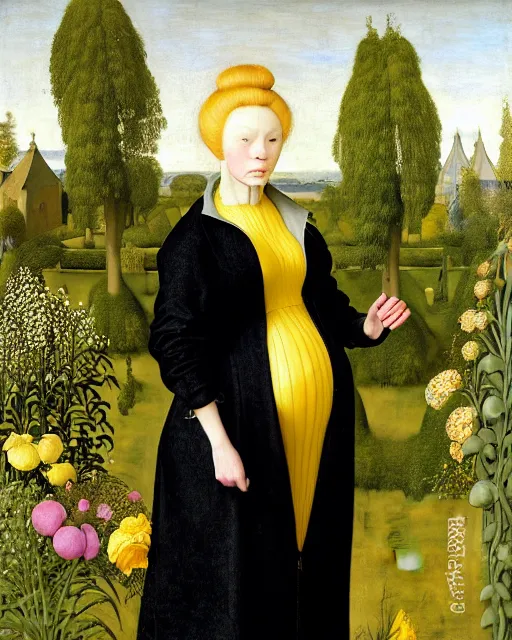 Prompt: portrait of a curvy woman with yellow hair buns, wearing a black raincoat and leggings, standing in a garden full of plants and flowers, intricate details, high detail, in the style of rogier van der weyden and jacopo da pontormo, punk