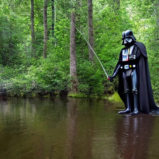 Prompt: Darth Vader fishing while standing in a creek in a forest