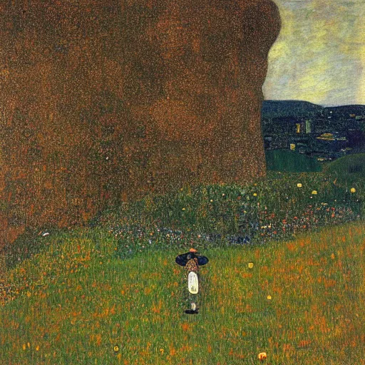 Prompt: A shepherder on top of a hill, by Gustav Klimt