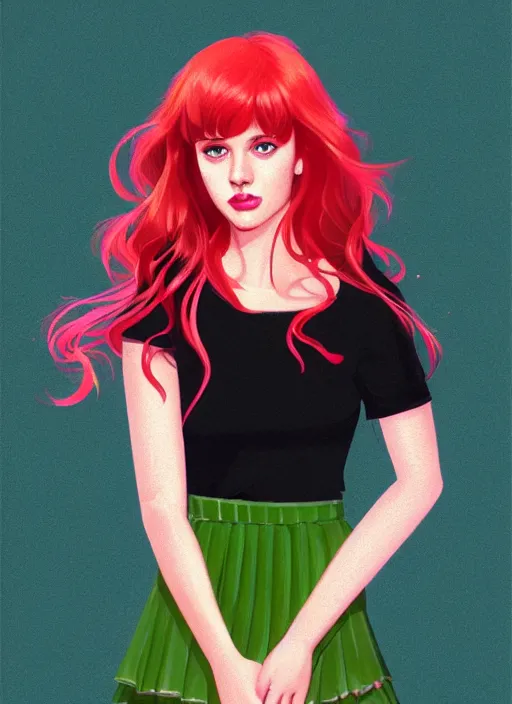 Image similar to full body portrait of teenage cheryl blossom, bangs, green eyes, sultry expression, red hair, sultry smirk, bangs and wavy hair, pink skirt, bangs, intricate, elegant, glowing lights, highly detailed, digital painting, artstation, concept art, smooth, sharp focus, illustration, art by wlop, mars ravelo and greg rutkowski