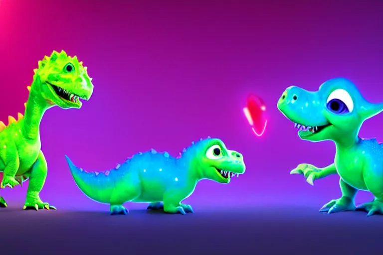 Prompt: pixar designed cute, smiling chibi style baby dinosaurs made entirely out of glowing electrified plasma, having fun inside a psychedelic realm made entirely out of love and acceptance and hypercolors. astral beings sharing love. renderman ray tracing