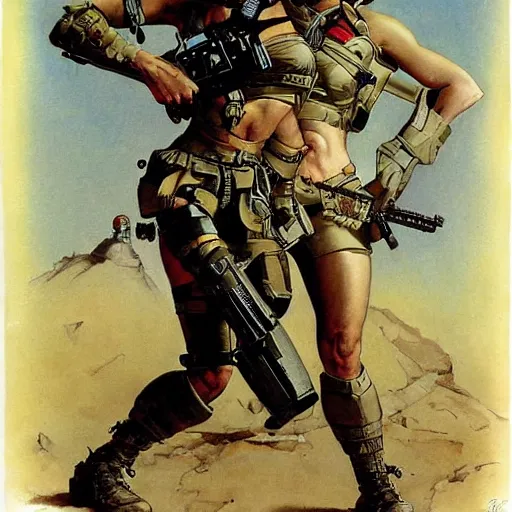 Prompt: female Scifi soldier gets ready, by Gerald Brom and Norman Rockwell
