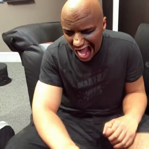 Prompt: a bald black man crying while playing league of legends