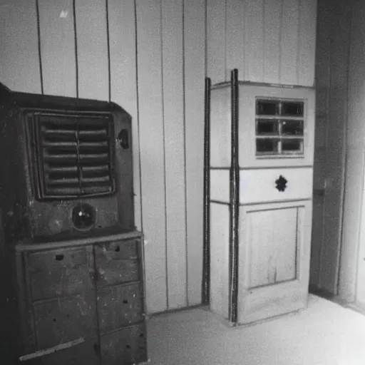 Prompt: cursed Photograph of an old number station playing an emergency warning, dust in the air, brown wood cabinets, SCP, taken using a film camera with 35mm expired film, bright camera flash enabled, award winning photograph, sleep paralysis demon crabwalking towards camera, creepy, liminal space, in the style of the movie Pulse