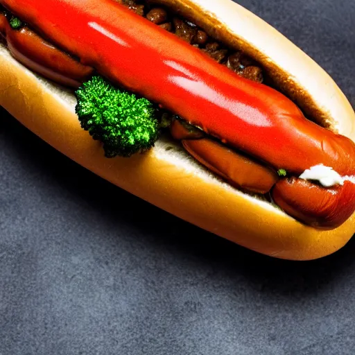 Image similar to photo shoot portrait of a delicious hot dog with mackerel, broccoli, ketchup and mustard, uhd, 8k, detailed,