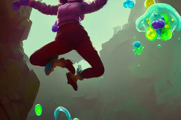 Image similar to madeline from celeste jumping to a green jelly bubble, blue bubble jacket red long hair, highly detailed, digital painting, artstation, concept art, sharp focus, illustration, art by greg rutkowski and alphonse mucha