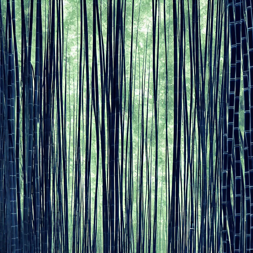 Prompt: bamboo forest with ferns by, mads berg, karolis strautniekas, film noir, stippled light, dramatic lighting, editorial illustration, detailed, fine texture, matte print, art deco, brutalism, dark blue + dark orange, red, black, ( ( habitat 6 7 background ) )