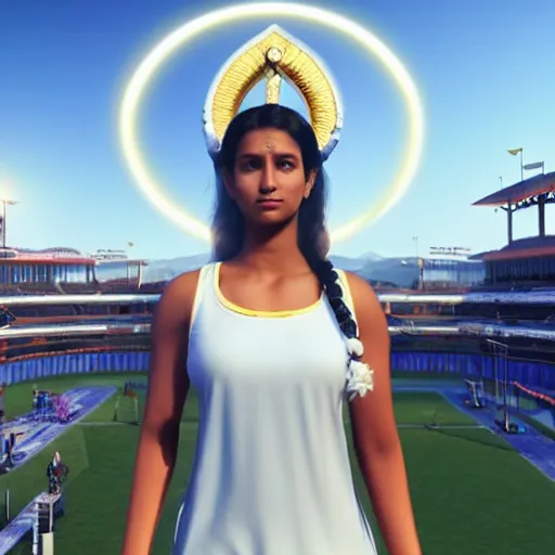 Image similar to a beautiful indian athletic slim female has a halo floating over her head like she was a holy person, the halo was made by a jeweler with gold with intricate details, unreal engine 5