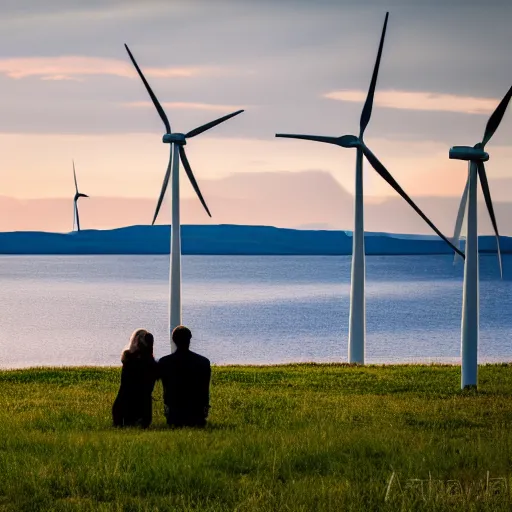 Prompt: an photo showing a view of lake siljan, a kissing couple in the foreground and many wind turbines in the lake, golden hour, sigma 5 5