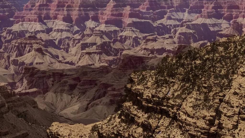 Image similar to an atmospheric screenshot of a film by denis villeneuve featuring a dark gothic cathedral carved out of rock at the top of the grand canyon