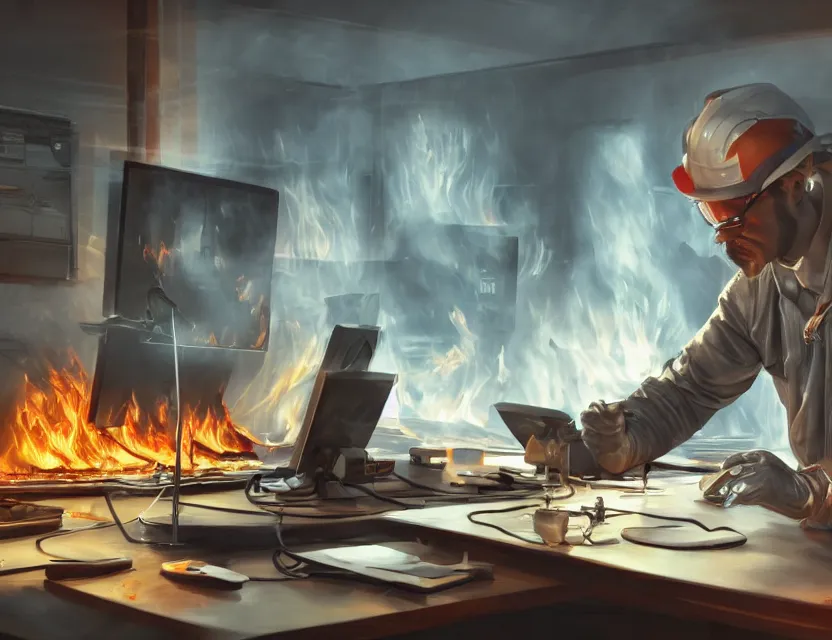 Prompt: a man works at a workstation in a very hot office with burning fires, close up, featured in artstation, intricate, ultra detailed, concept art, wide - angle lens, sharp focus, illustration, 8 k