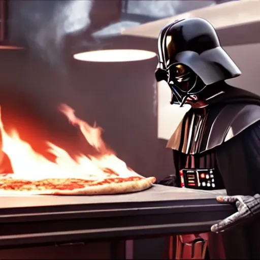 Image similar to A still of a Darth Vader making a pizza in Masterchef, 4k, photograph, ultra realistic, highly detailed, professional lighting