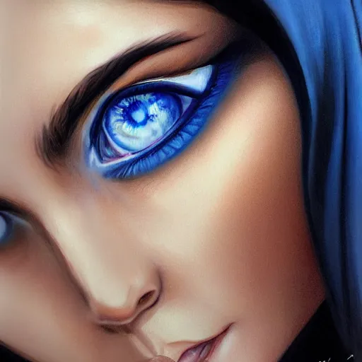 Prompt: closeup on the blue - within - blue colored eyes of ibad of a beautiful brown - skin woman, intricate, elegant, highly detailed, smooth, sharp focus, full body, detailed face, high contrast, art by ardian syaf,