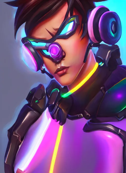 Image similar to full body overwatch style oil painting portrait of tracer overwatch, confident pose, full body, full body, wearing black jagged iridescent rainbow latex armor, rainbow, neon, 4 k, expressive surprised expression, makeup, wearing large rainbow neon choker, studio lighting, acid, trippy, black leather harness, expressive detailed face and eyes,