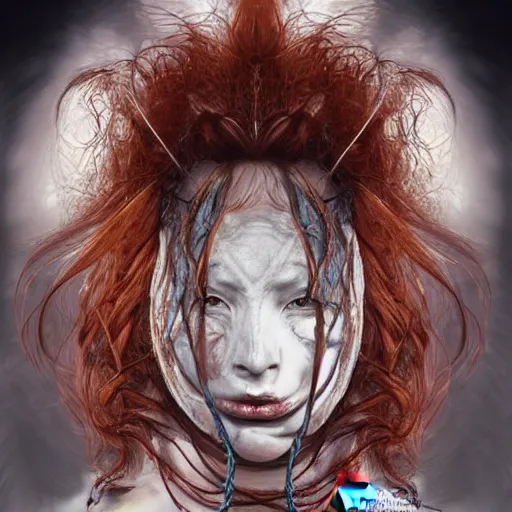 Image similar to portrait of a Shibari rope wrapped face and neck, headshot, insanely nice professional hair style, dramatic hair color, digital painting, of a old 17th century, old cyborg merchant, amber jewels, baroque, ornate clothing, scifi, realistic, hyperdetailed, chiaroscuro, concept art, art by Franz Hals and Jon Foster and Ayami Kojima and Amano and Karol Bak,