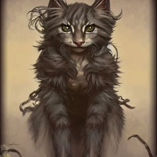 Image similar to stone maine coon, anthropomorphic large maine coon, dnd bipedal golem character, golem coon, aware. stone cat. dnd character concept, dnd digital painting, dnd artstation, dnd concept art, smooth, super sharp focus, illustration, art by artgerm and h r giger and alphonse mucha