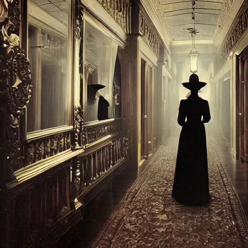 Image similar to a beautiful victorian woman is frightened by her doppleganger in a mirror. she is in a long hallway of mirrors. victorian interior, with many mirrors, twins, elegant design, haunting atmosphere, dark lighting, gothic, horror style, scary, swirling fog, volumetric lighting, by greg rutkowski, realistic, dutch angle, 3 / 4 view.