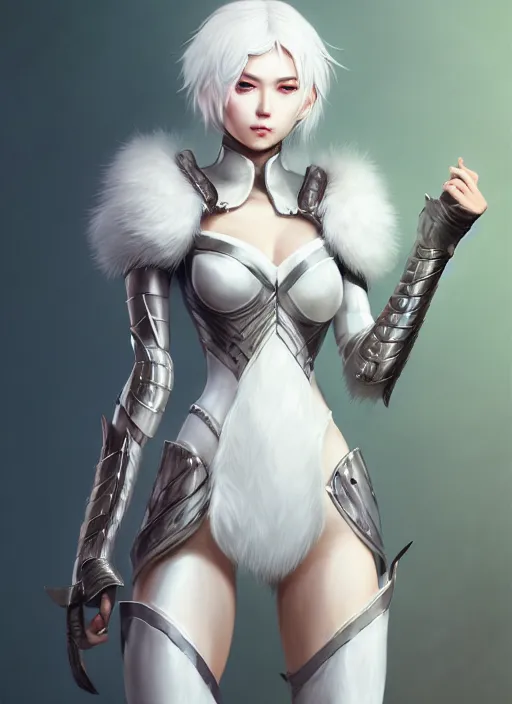 Image similar to fur - lined armor!!! beautiful and elegant white haired female!! gorgeous ayes!! character concept art, sharp focus, octane render! unreal engine 5! highly rendered!! trending on artstation!! detailed linework!! illustration by artgerm, wlop, and chie yoshii