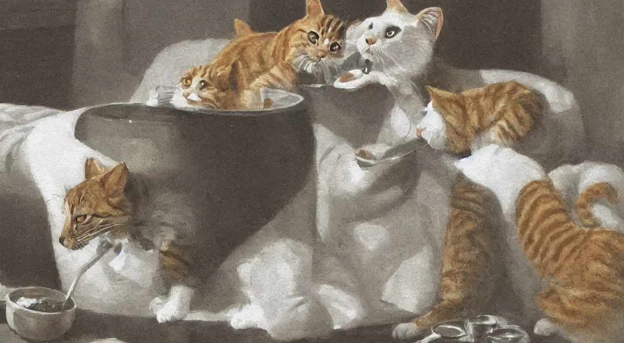 Prompt: a cat drinking milk from a bowl, next to the cat is a frog, anime,
