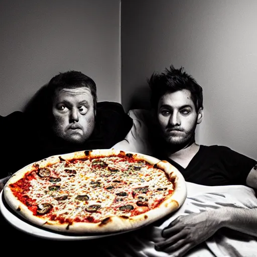 Prompt: a man in his bed, a pizza that wants to kill him closely behind him in the shadows