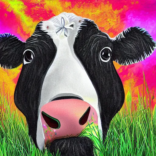 Prompt: a cow with a face of a dog dancing in a field of grass, digital art