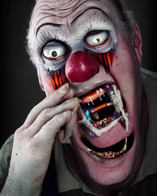 Image similar to portrait of an ugly old possessed clown crying. ugly, creepy, demonic, horror. cinematic lighting. photographic, photography. by justin roiland