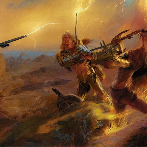 Prompt: a man with blonde hair shooting lightning bolts at his enemy in battle. detailed matte painting. masterpiece. 4 k. fantasy art. by gaston bussiere. derek zabrocki. ralph mcquarrie.