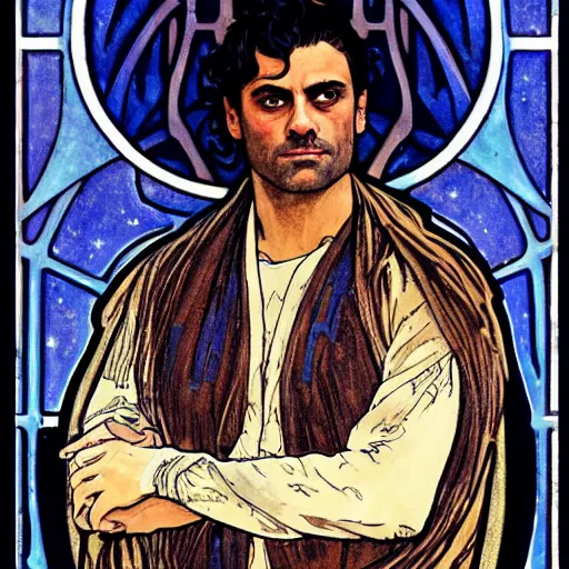 Prompt: oscar isaac portrait by louis - theophile hingre and alphonse mucha, realistic, sharp focus, zodiac signs, tarot cards, planets, ethereal, art nouveau, magic, moon, sun, crown, dreamy, royal, jewellery