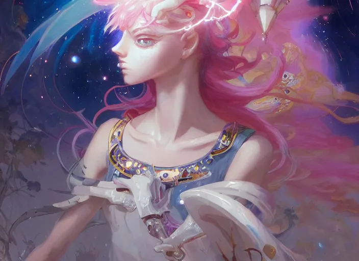 Image similar to close up picture of an maximalist dress magical girl, neat hair with bangs, smug face, extremely beautiful and aesthetic and detailed cute face and eyes, wipe out evils with cute astronaut familiar sprites, aming the magical beams to the camera, chiaroscuro, intricate, masterpiece, epic fantasy illustrations by peter mohrbacher and anato finnstark and jeremy lipking