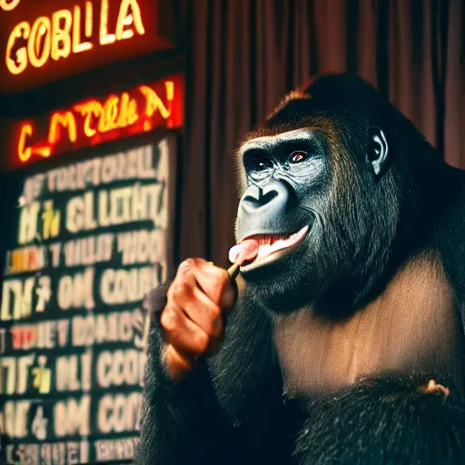 Prompt: photo of gorilla telling jokes at a comedy club, kodak portra 4 0 0 color negative film