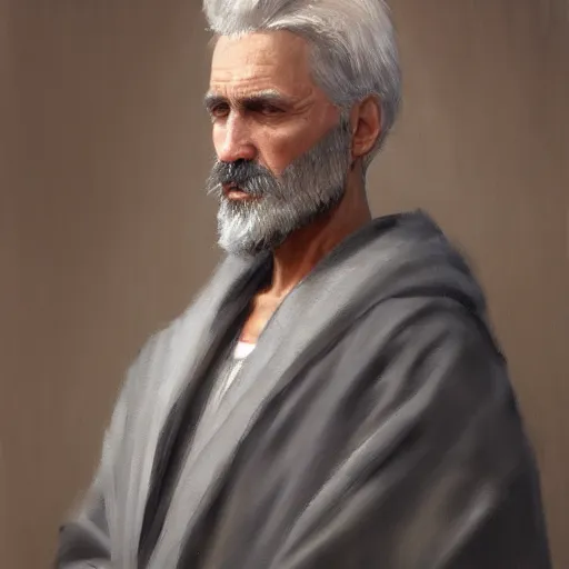 Prompt: An oil painting of a man dressed in priest robes, 50 years old, short grey hair, trimmed beard, sharp facial features, beautiful, highly detailed, by Cédric Peyravernay, by greg rudkowski, trending on artstation