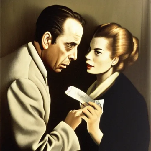 Image similar to Humphrey Bogart and Ingrid Bergman in Casablanca, painting by Vermeer