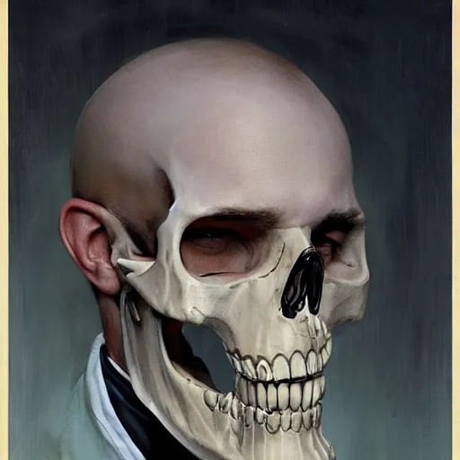 Image similar to Portrait of a suited blond with medical gloves and a skull face mask, by Gerald Brom, Kim Kyoung Hwan and Norman Rockwell