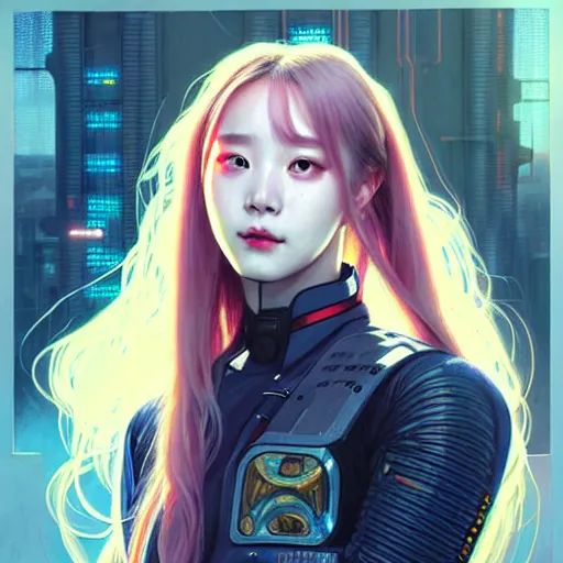 Image similar to portrait painting of cyberpunk chuu from loona as a cheerful smiling mercenary, ultra realistic, concept art, intricate details, eerie, highly detailed, photorealistic, octane render, 8 k, unreal engine. art by artgerm and greg rutkowski and magali villeneuve and alphonse mucha