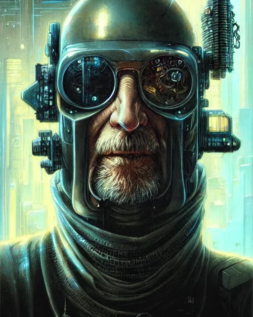 Image similar to a detailed portrait of cyberpunk old man by Greg Staples and Peter Mohrbacher