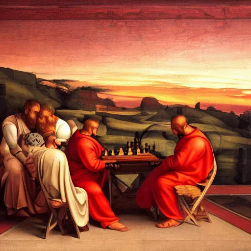 Prompt: a Nvidia robot with no other purpose in life than looking at a painting of gods playing chess under a crimson sky. Painted by Michelangelo. Hd. 4k. Arcane style