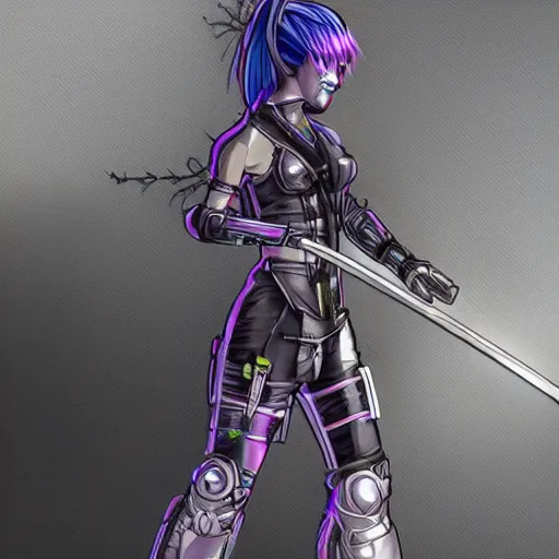 Prompt: character concept art of a cyber punk woman wielding a katana