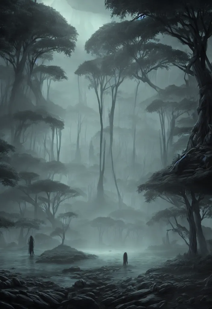 Image similar to forgotten society of tribal natives, large evil totems, gloomy sparse forest surrounding the blood rivers flowing through beach, visual novel key visual, award - winning digital art on pixiv, trending on artstation - cinematic lighting, dramatic lighting, stunning and beautiful scenery - highly detailed, hyperrealistic, unreal engine 5, in the style of kingdom hearts